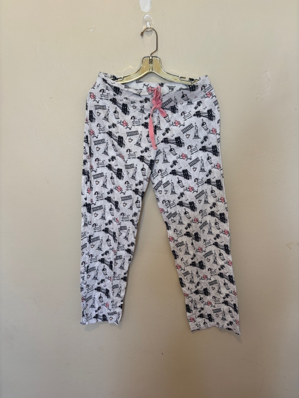 Cynthia Rowley White Pajama Pants with Black Cityscape Print and Pink Drawstring